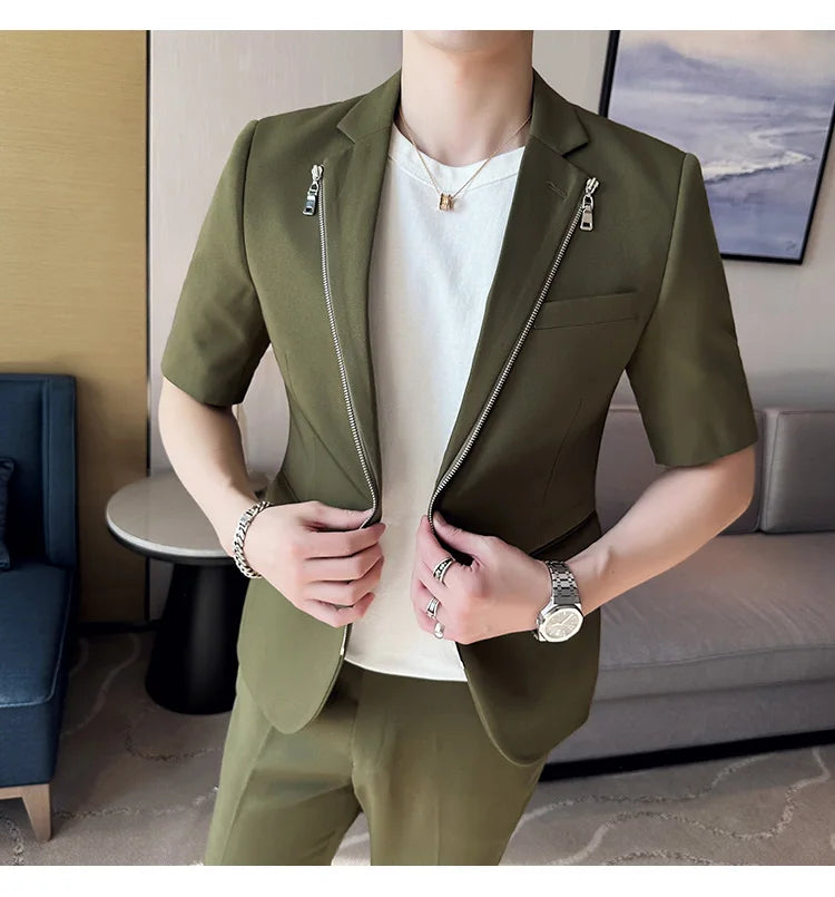 2023 Summer Zipper Decoration Blazers Men Casual Business Suit Jacket Slim Fit 3/4 Sleeve Streetwear Social Jacket Men Clothing