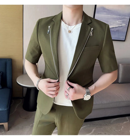 2023 Summer Zipper Decoration Blazers Men Casual Business Suit Jacket Slim Fit 3/4 Sleeve Streetwear Social Jacket Men Clothing
