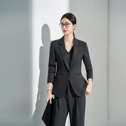 Formal Office Lady Slim Fit 2 Piece Suits Autumn Dark Brown Single Button Blazer And Pants Elegant Business Female Work Wear