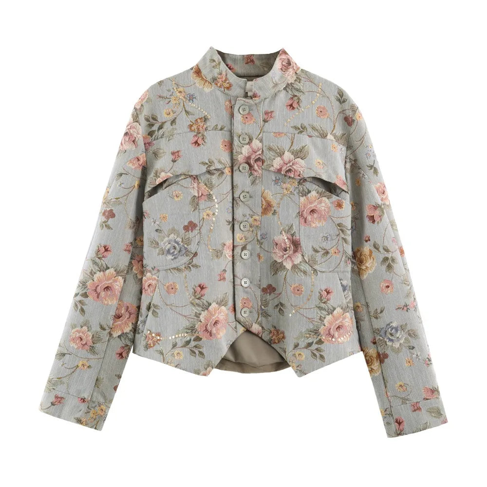 Elegant Chic Jacquard Blazers for Women New Spring & Autumn Raised Collar Buttoned Blazers with Asymmetric Hem and Patch Pockets