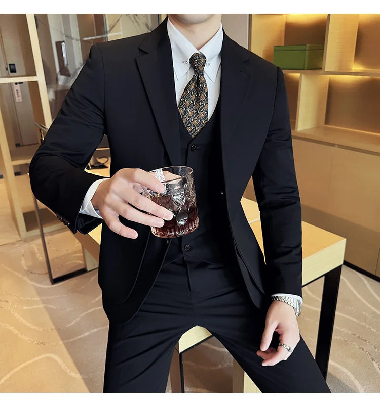 British Style Fake Two-piece Suit Set Men's Wedding Groom Dress 3 Piece Set Suit Vest Trousers Slim Office Business Casual Suits