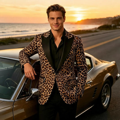 Men's Leopard Print Tuxedo Blazer Satin Lapel Slim Fit One Button Suit Jacket Party Club Stage Wedding Dinner Formal Coat