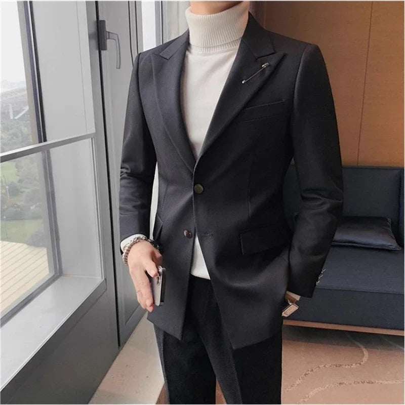 Autumn Pin Decoration Men Blazers Casual Suit Jacket Single Breasted Streetwear Social Business Dress Coat Wedding Groom Jacket