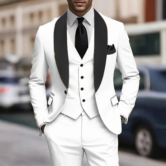 White Classic Men Suit 3 Pieces Blazer+Pants+Vest Tuxedo Peak Lapel Groomsmen Wedding Suits Set Fashion Men Business
