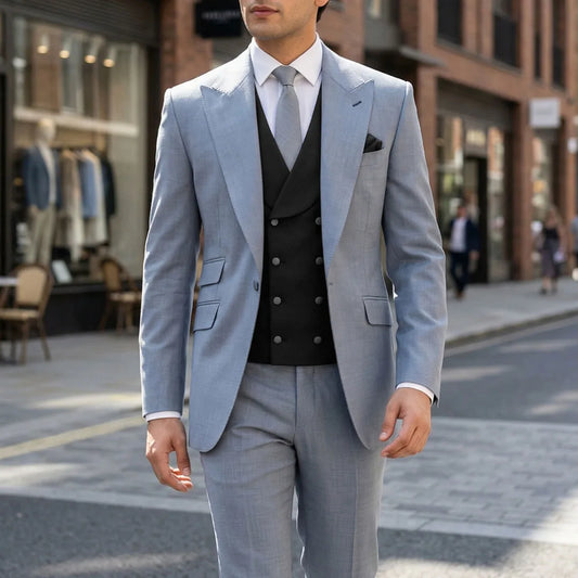 Men Suit Gray 3 Pieces With Lapel Black Vest For Wedding Groom Birthday Banquet Party Business Work Office Jacket Vest Pants