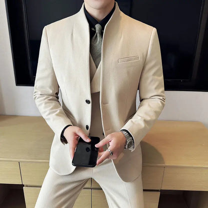 Men's 3-Piece Slim Fit Stand Collar Suit – Wedding, Prom & Office Formal Set
