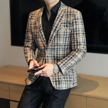 British Style Plaid Woven Casual Suit Jacket for Men Slim Fit Business Social Dress Coats Wedding Party Banquet Office Blazers