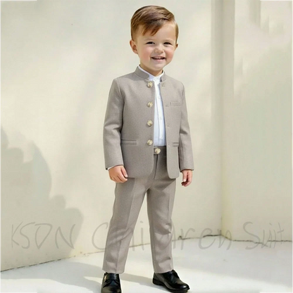 Mandarin Collar Two Piece Boy Suit Single Breasted Solid Color Elegant Wedding Birthday Gentleman Children's Clothing Outfit Set