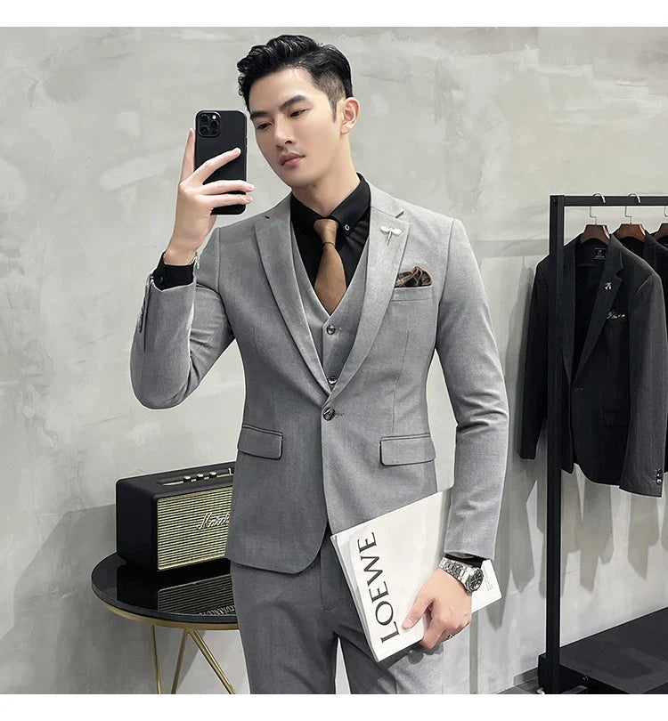 (Jacket +Vest+Pants) Plus Size 7XL-S Men Korean Slim Fit Groom Wedding Business Casual Tuxedo Mens Work Social Suit 3 Pieces
