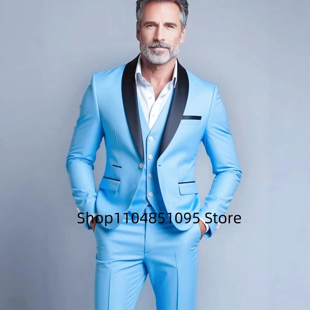 Classic Style 3 Piece Slim Fit Green Men Suit Groom Tuxedos Shawl Lapel Single Breasted Blazer Vest Pants Set Party Men Clothing