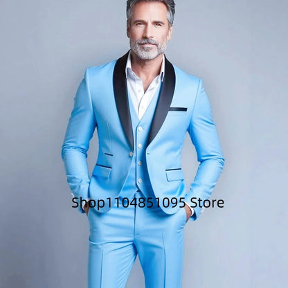 Classic Style 3 Piece Slim Fit Green Men Suit Groom Tuxedos Shawl Lapel Single Breasted Blazer Vest Pants Set Party Men Clothing