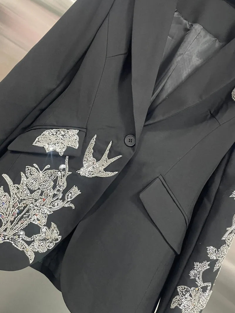Elegant Black Suit Jacket Women Fashion Beaded Embroidery Designer Single Button New Office Ladies Banquet Luxury Blazers Coat