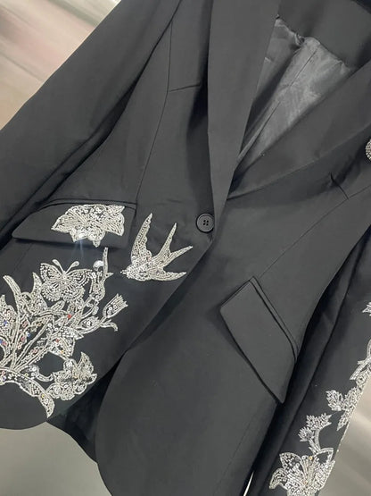 Elegant Black Suit Jacket Women Fashion Beaded Embroidery Designer Single Button New Office Ladies Banquet Luxury Blazers Coat