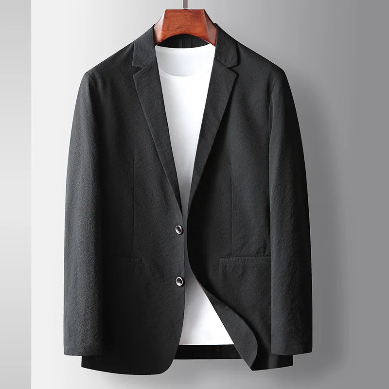 KIDWHXR Blazer Men Spring Thin Simple Single-breasted Pocket Man Outerwear Loose Breathable Long Sleeve Business Male Suit Coat