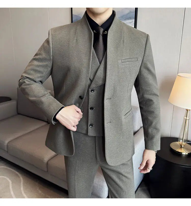 Men's 3-Piece Slim Fit Stand Collar Suit – Wedding, Prom & Office Formal Set