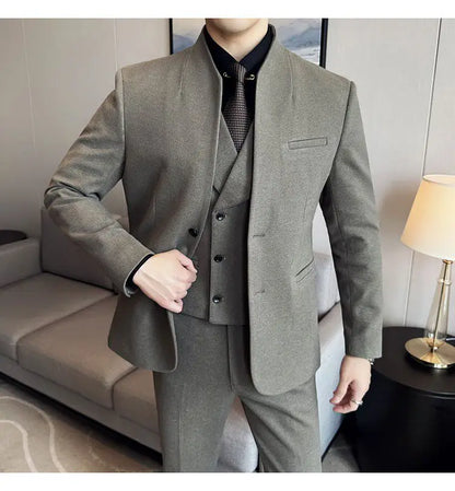 Men's 3-Piece Slim Fit Stand Collar Suit – Wedding, Prom & Office Formal Set