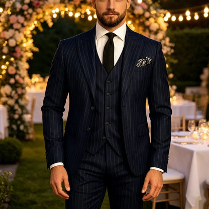 Men's Striped 3-Piece Suit – Slim Fit Blazer, Vest & Pants for Formal & Wedding Wear