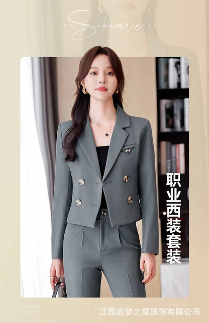 Blue Suit Women 2024 New Spring High End Fashion Temperament Professional Short Blazer And Pants Sets Office Ladies Work Wear