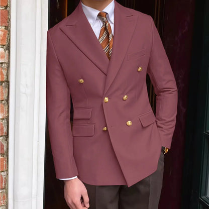 Men's Brown Serge Blazer Double Breasted Peak Lapel Gold Button Slim Fit British Style Fashion Suit Jacket Formal Business Casua