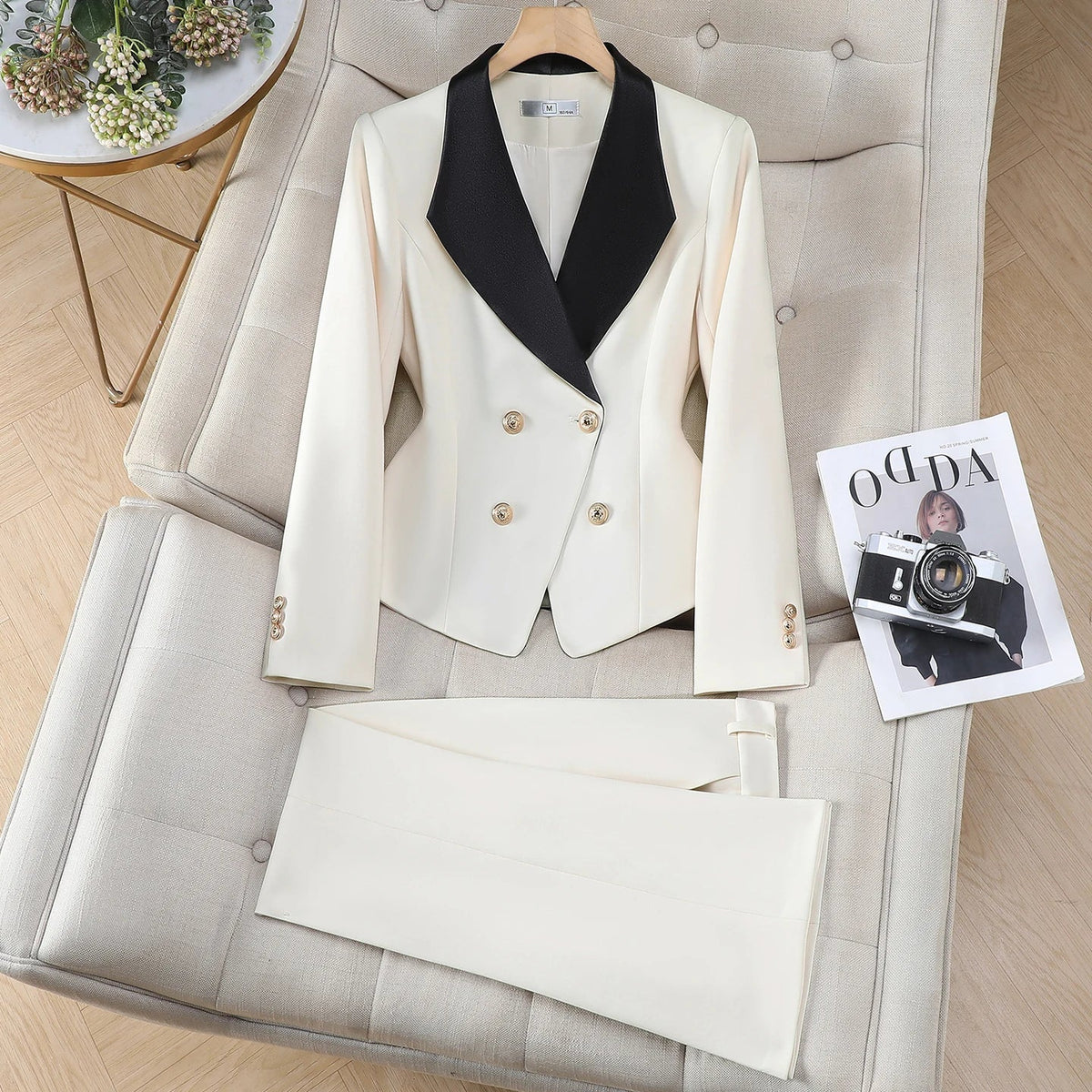 Elegant Chic Hit Color Blazer Pants Set for Woman 2 Pieces Sets Autumn Office Lady Work Jacket Coat and Trousers Suit White
