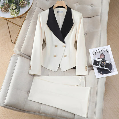 Elegant Chic Hit Color Blazer Pants Set for Woman 2 Pieces Sets Autumn Office Lady Work Jacket Coat and Trousers Suit White