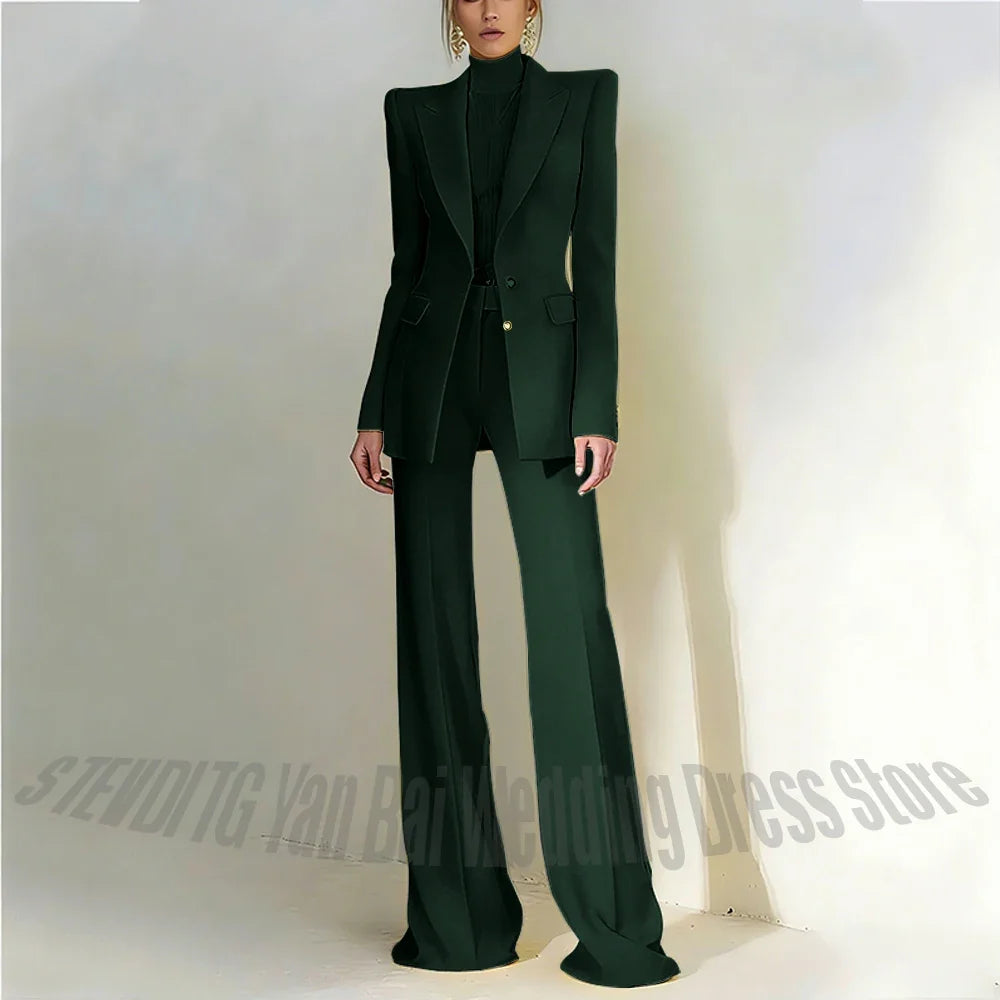 Women Pant Suit 2 Piece Set Office Female Business Work Formal Jacket Trouser One Button Chic Yellow Peaked Lapel Elegant Suit