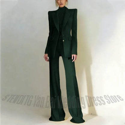 Women Pant Suit 2 Piece Set Office Female Business Work Formal Jacket Trouser One Button Chic Yellow Peaked Lapel Elegant Suit