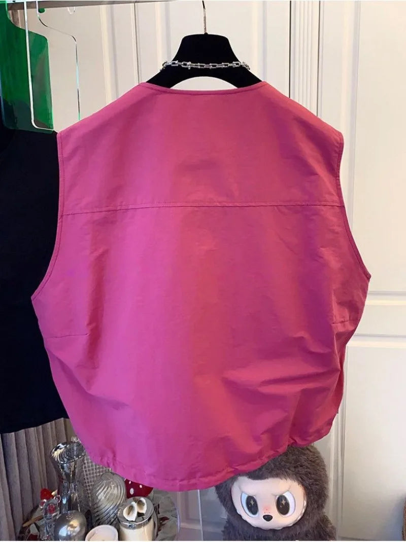 Women's Vest 2026 New Solid Color Round Neck Zipper Loose Sleeveless Jacket Vest Female Casual Tops Ladies Waistcoat Outerwear