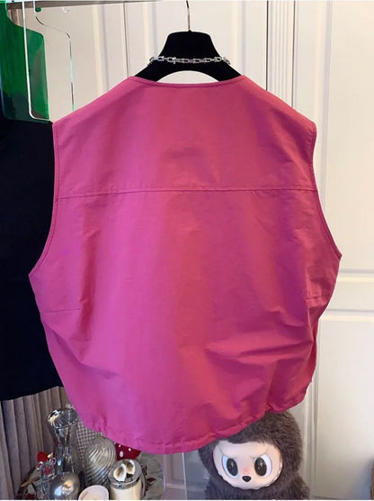 Women's Vest 2026 New Solid Color Round Neck Zipper Loose Sleeveless Jacket Vest Female Casual Tops Ladies Waistcoat Outerwear