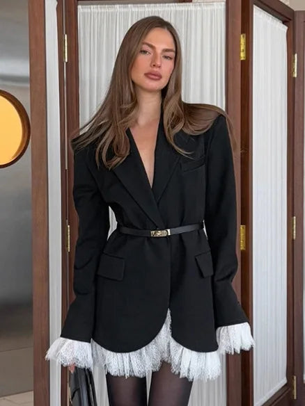 Fall,Winter,European,Clothes,Black suit,Coat,Chic,Sexy,Patchwork,Lace,Pocket,Women,Tops,Long Sleeve,Hot,Jacket,2026,New,6717001