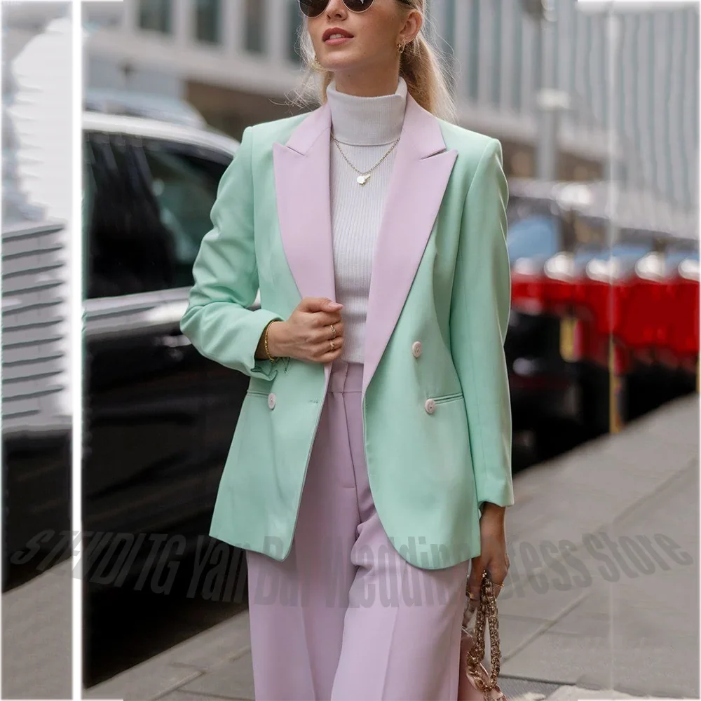 Stylish Peaked Lapel Suits For Women Elegant Double Breasted Straight High Street Chic Casual Daily Lady Set Two Pieces