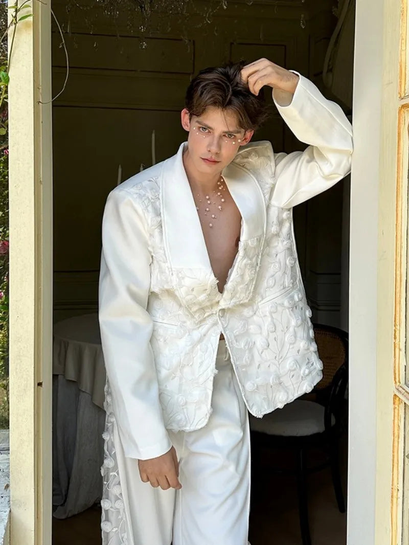 Mens Spliced Flowers Suit Jacket Wide Leg Pants Two Piece Set Loose Fit Spring Summer Designer Elegant Fashion Banquet Suits Set