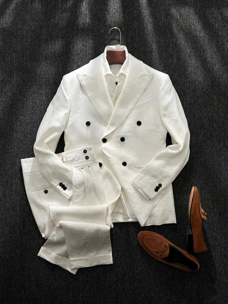 Men's Double-Breasted Linen Suit – Slim Fit Blazer & Pants Set for Wedding & Business