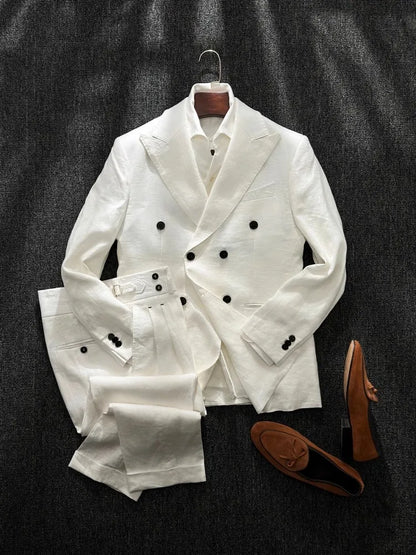 Men's Double-Breasted Linen Suit – Slim Fit Blazer & Pants Set for Wedding & Business
