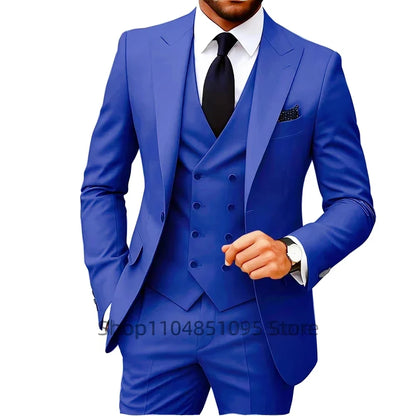 Solid Color Fashion Men Formal Business Suits Wedding Suit Slim Fit Groom Tuxedos 3 Pcs Set Dress Peak Lapel Blazer Vest Pants