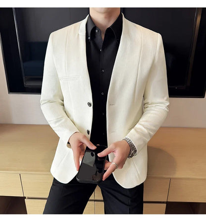 Chinese Style Collarless Suit Jacket Men Fashion Slim Fit Versatile Blazers Male Casual Business Wedding Groom Dress Jacket 2025