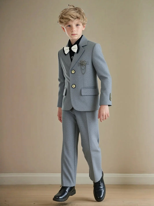 Flower Boys 5Pieces Wedding Outfit Set With Blazer Vest Pants Bowtie Brooch Kids Piano Host Speech Chrous Performance Costume