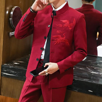 Suit (Blazer + Trousers) Men's Chinese-Style Stand-Up Collar Wedding & Business Suit