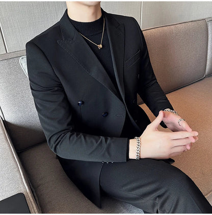 Autumn High-quality Double Breasted Slim Fit Suit Jacket Men Versatile Casual Business Blazer Wedding Social Banquet Formal Coat