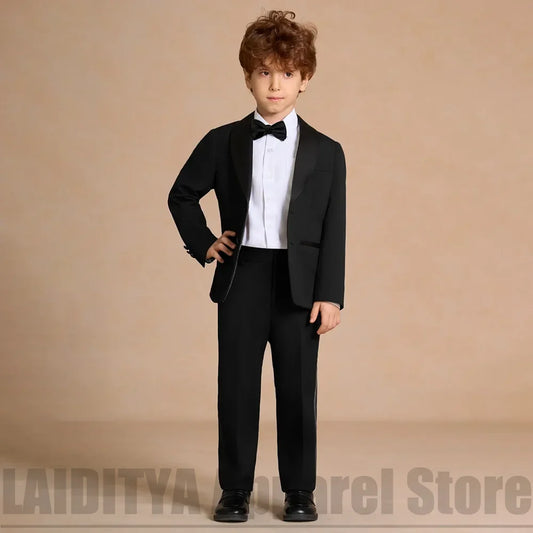Boys Black Tuxedo 2 Piece Suit Satin Shawl Lapel Blazer Pants Kids Formal Wedding Party Piano Performance Flower Boy Outfit