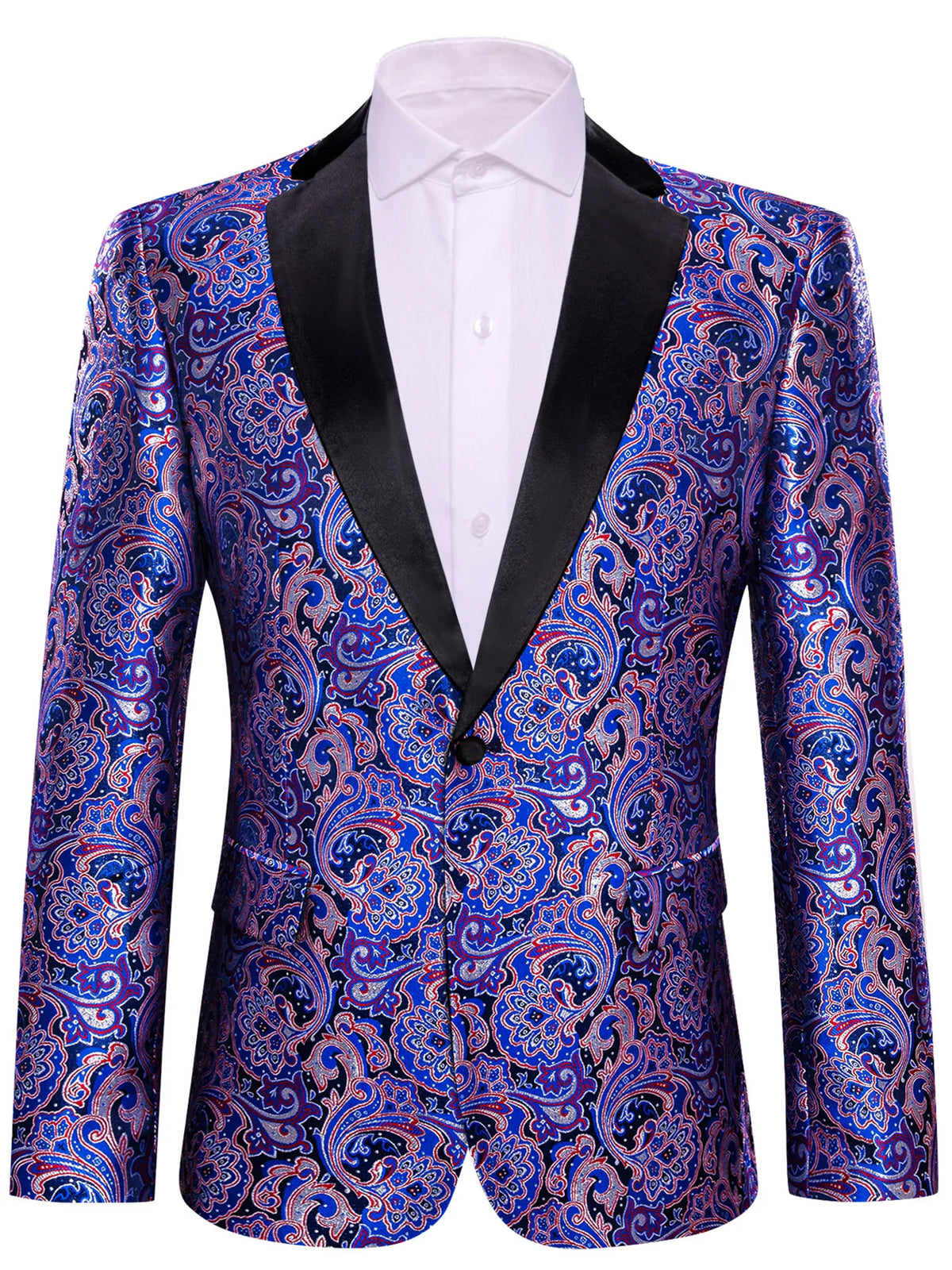 Blue Paisley Jacquard Mens Tuxedo Blazer, Black Satin Shawl Lapel Single Button Suit Jacket for Party Stage Banquet