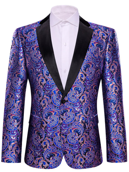 Blue Paisley Jacquard Mens Tuxedo Blazer, Black Satin Shawl Lapel Single Button Suit Jacket for Party Stage Banquet