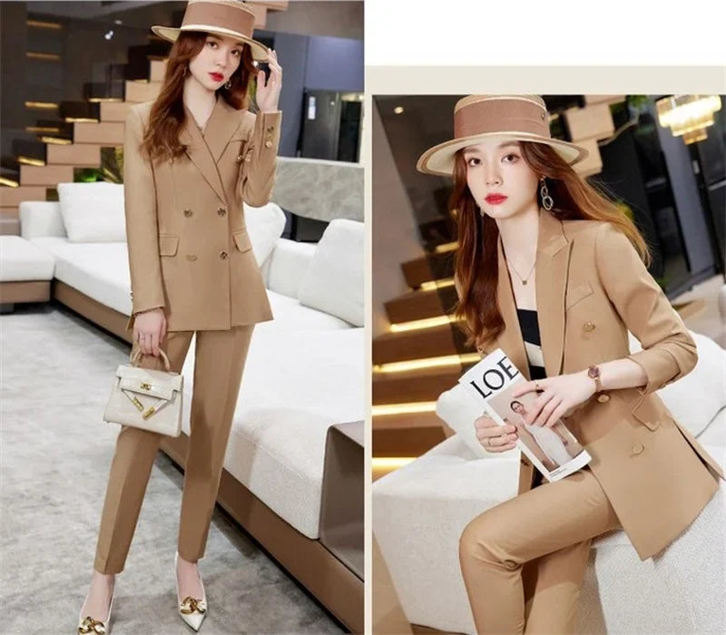 2025 Button Decoration Formal Jacket Blazer and Trouser 2 Piece Set Fashion Pink Green Black Ladies Work Wear Pant Suit Women