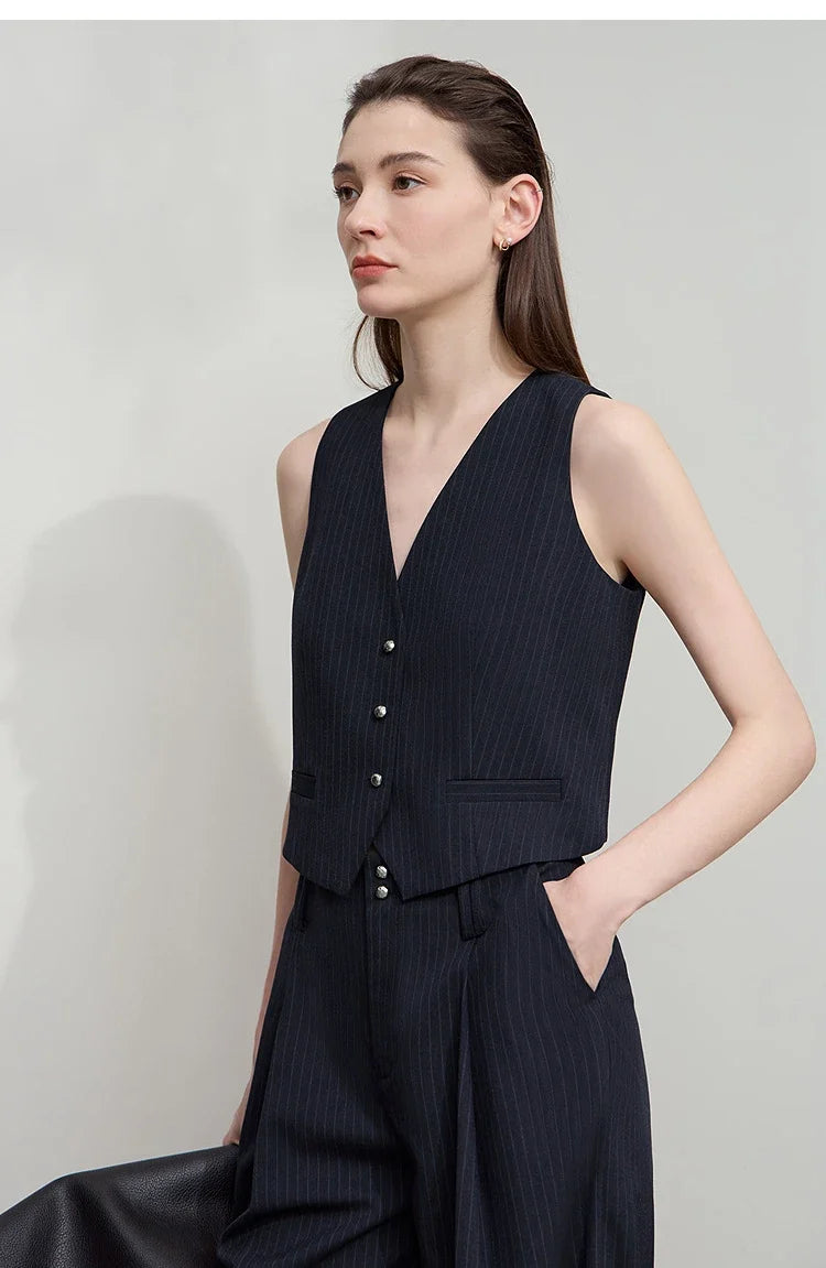 Women's Vest 2025 Autumn New V-neck Single Breasted Striped Sleeveless Vest Women Office Short Elegant Top Female 12523090