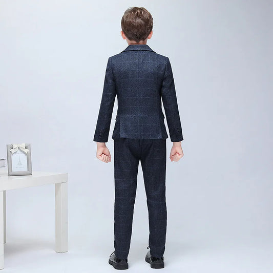 Kids Plaid Jacket Vest Pants 3PCS Party Photograph Set Boys Formal Wedding Suit Big Teenager Tuxedo Dress Children Dance Costume