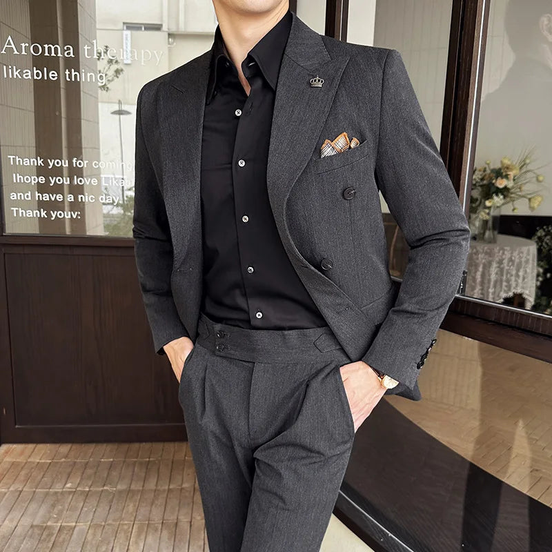 (Blazer + Trousers) Fashion Double Breasted Design Slim Men's Suit Italian Style Luxury Wedding Social Party Tuxedo 2 Piece Set
