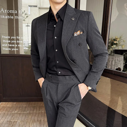 (Blazer + Trousers) Fashion Double Breasted Design Slim Men's Suit Italian Style Luxury Wedding Social Party Tuxedo 2 Piece Set