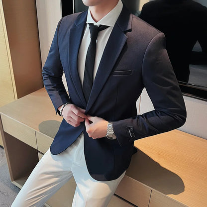 High-Quality Fashionable Men's Slim Fit Business Suit Jacket Autumn Wear Korean Style Pure Color Tweed High-End Feel