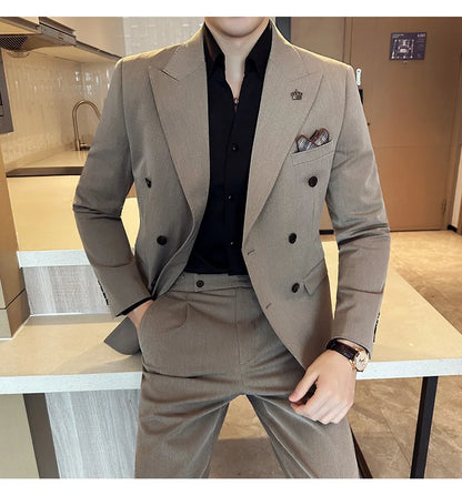 (Blazer + Trousers) Fashion Double Breasted Design Slim Men's Suit Italian Style Luxury Wedding Social Party Tuxedo 2 Piece Set