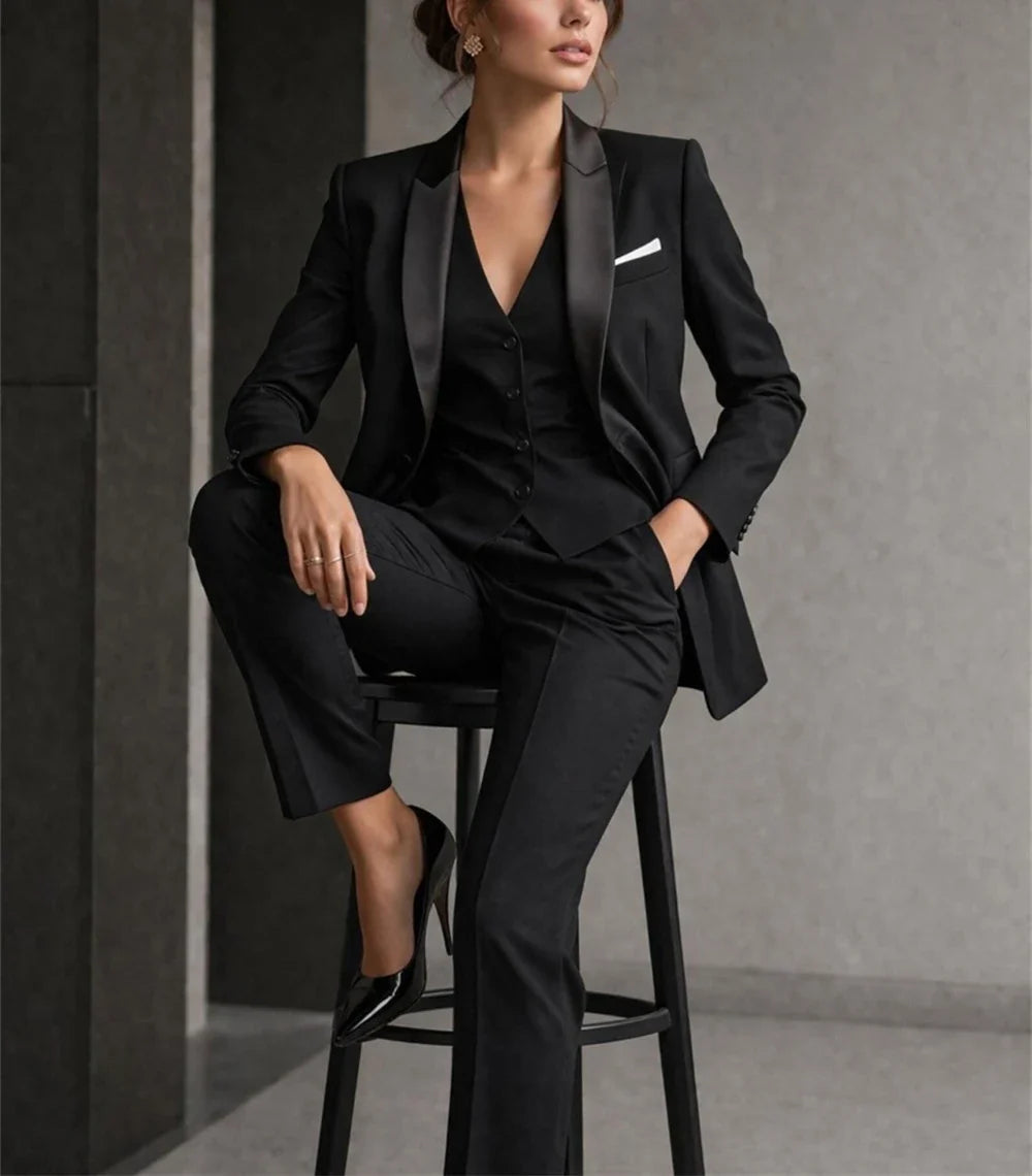 Luxury Women's Black 3-Piece Suit Elegant Suit with Satin Collar Wedding Guest Formal Suit Business Wear (Jacket+Vest+Pants)